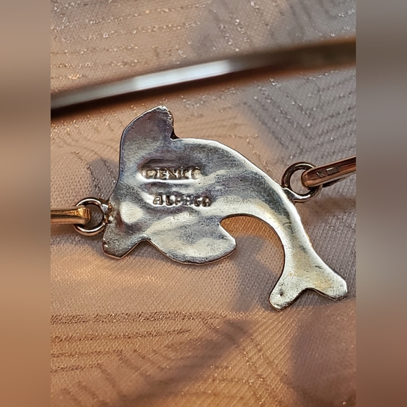 Vintage Mexico Alpaca Silver Shell Inlay Bracelet with Dolphin or Porpoi… - Picture 7 of 11